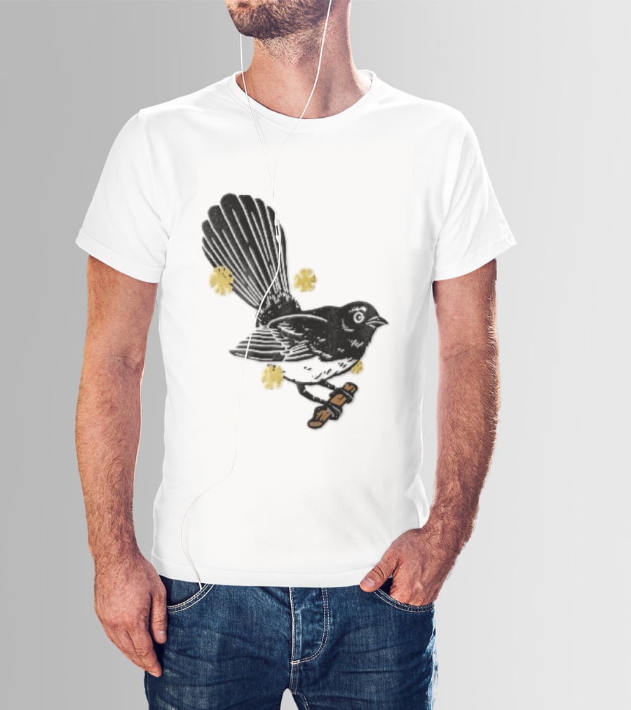 Black White Linocut Fantail Bird Branch Yellow Flowers T-Shirt