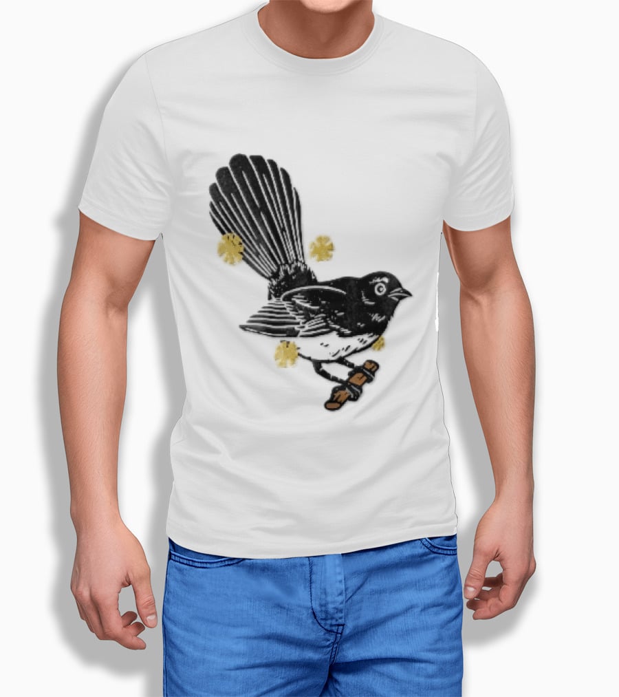 Black White Linocut Fantail Bird Branch Yellow Flowers T-Shirt