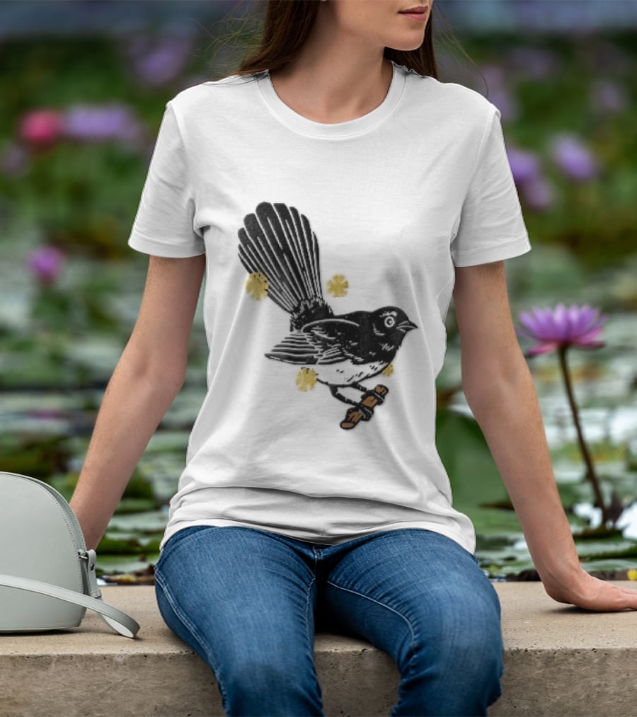 Black White Linocut Fantail Bird Branch Yellow Flowers T-Shirt
