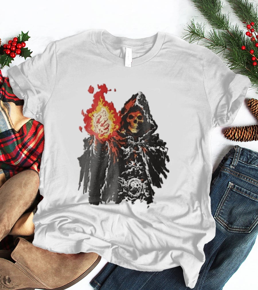 Hooded Skeleton Sorcerer With Glowing Red Fireball T-Shirt
