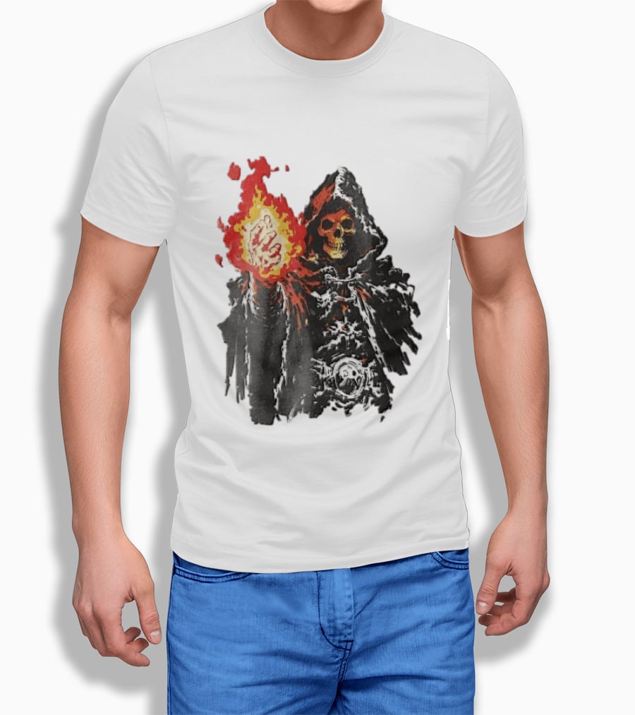Hooded Skeleton Sorcerer With Glowing Red Fireball T-Shirt