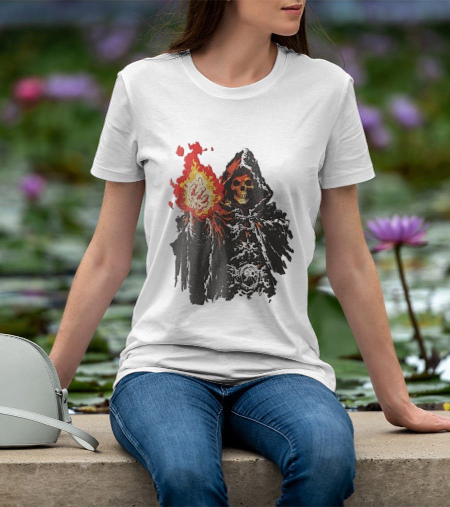 Hooded Skeleton Sorcerer With Glowing Red Fireball T-Shirt