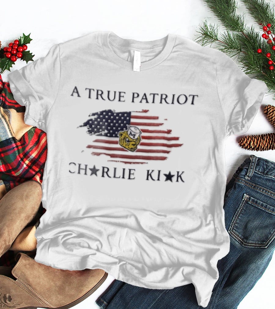 A True Patriot Charlie Kirk Distressed US Flag Wolverine Head T-Shirt