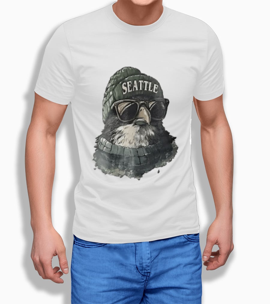 Seattle Beanie Hawk Cartoon With Sunglasses And Scarf T-Shirt