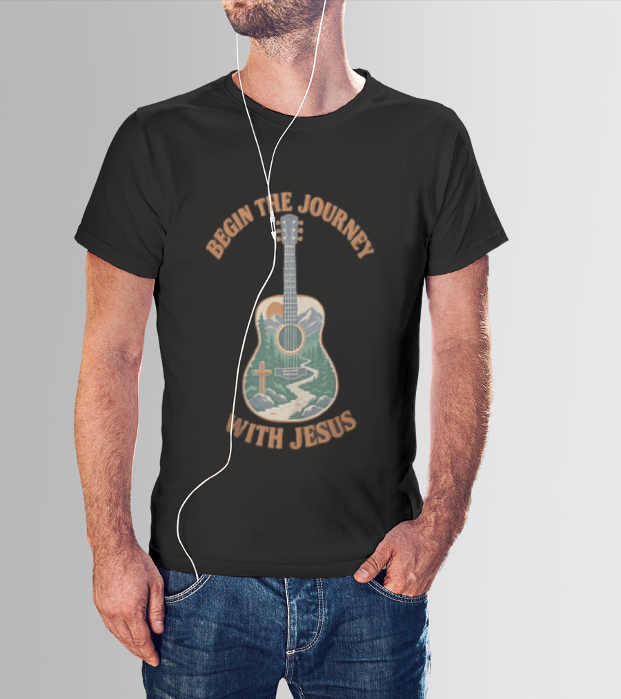 Begin The Journey With Jesus Guitar Mountain Path And Cross T-Shirt