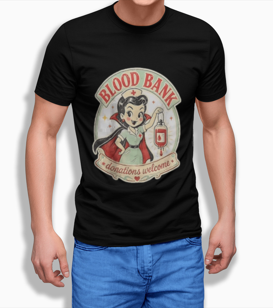 Blood Bank Donations Welcome Vampire Nurse Retro Cartoon T-Shirt