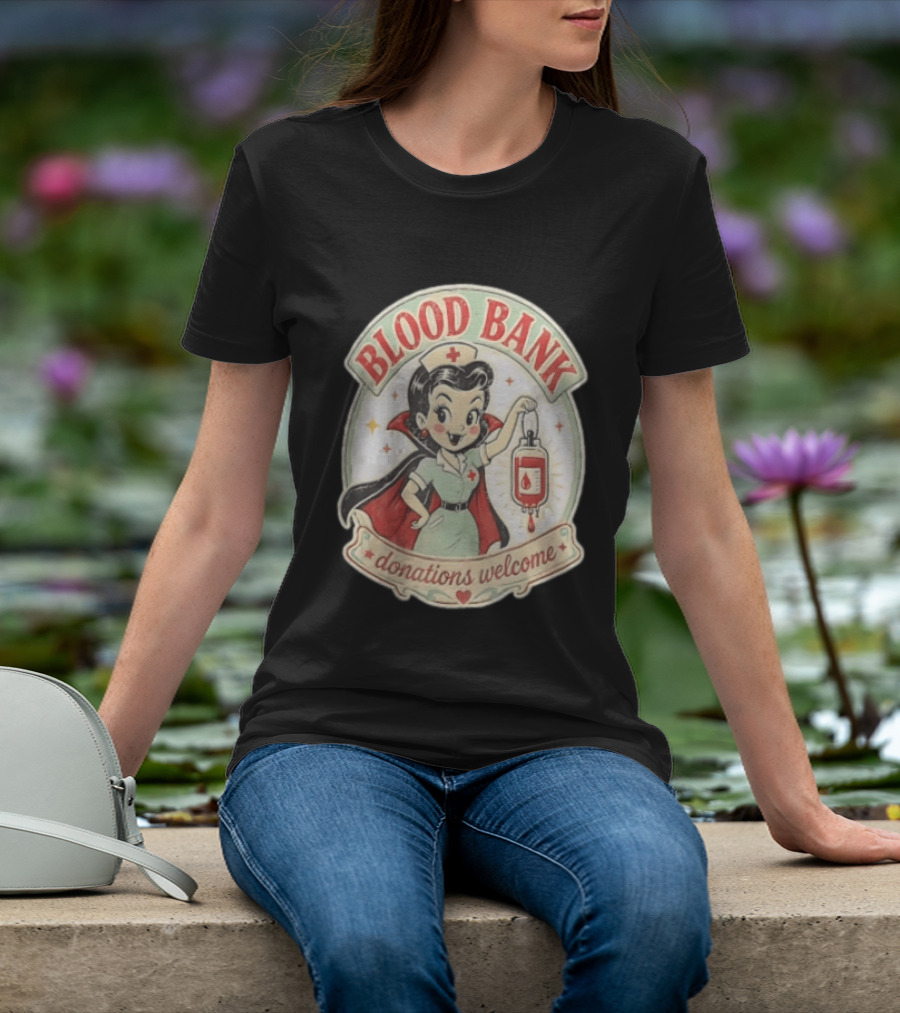 Blood Bank Donations Welcome Vampire Nurse Retro Cartoon T-Shirt