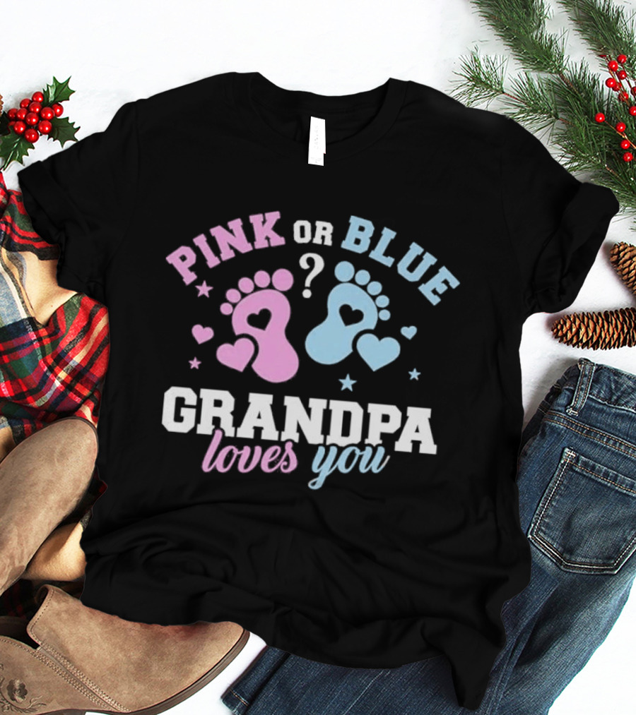 Pink Or Blue Grandpa Loves You Heart Footprints Gender Reveal T-Shirt