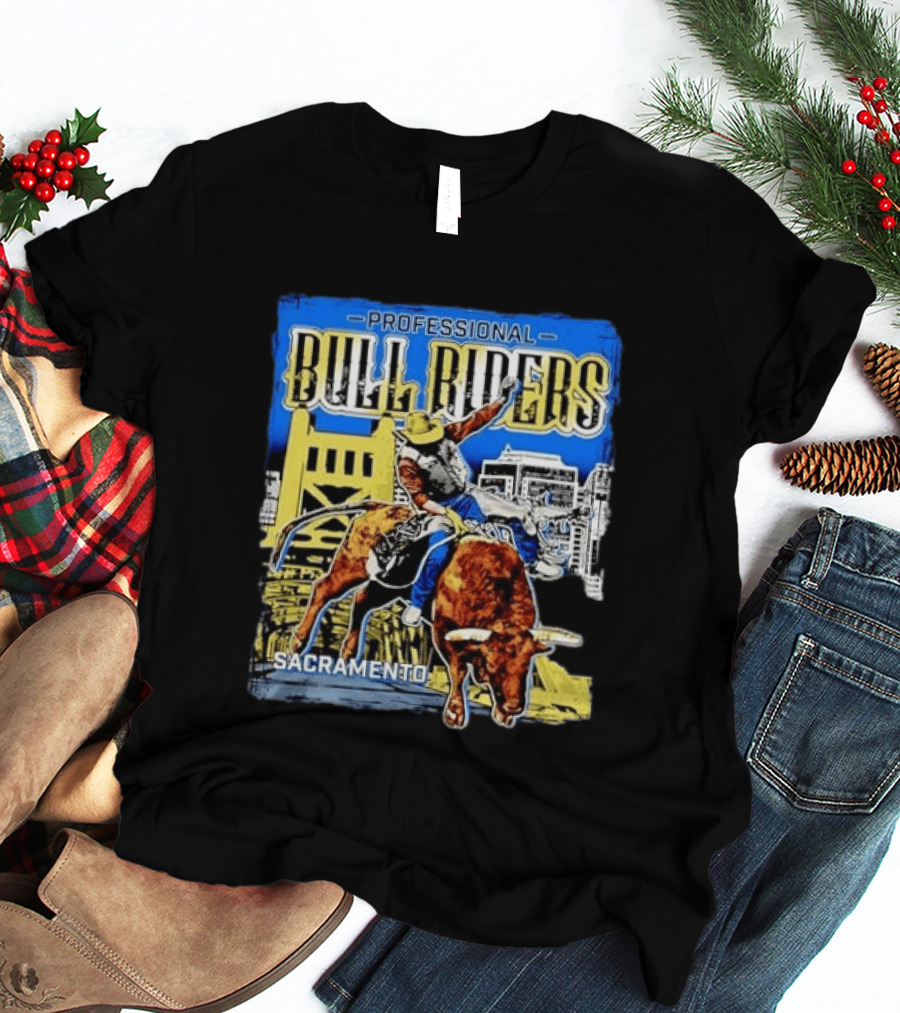 Professional Bull Riders Sacramento Cowboy Riding Bull Cityscape T-Shirt