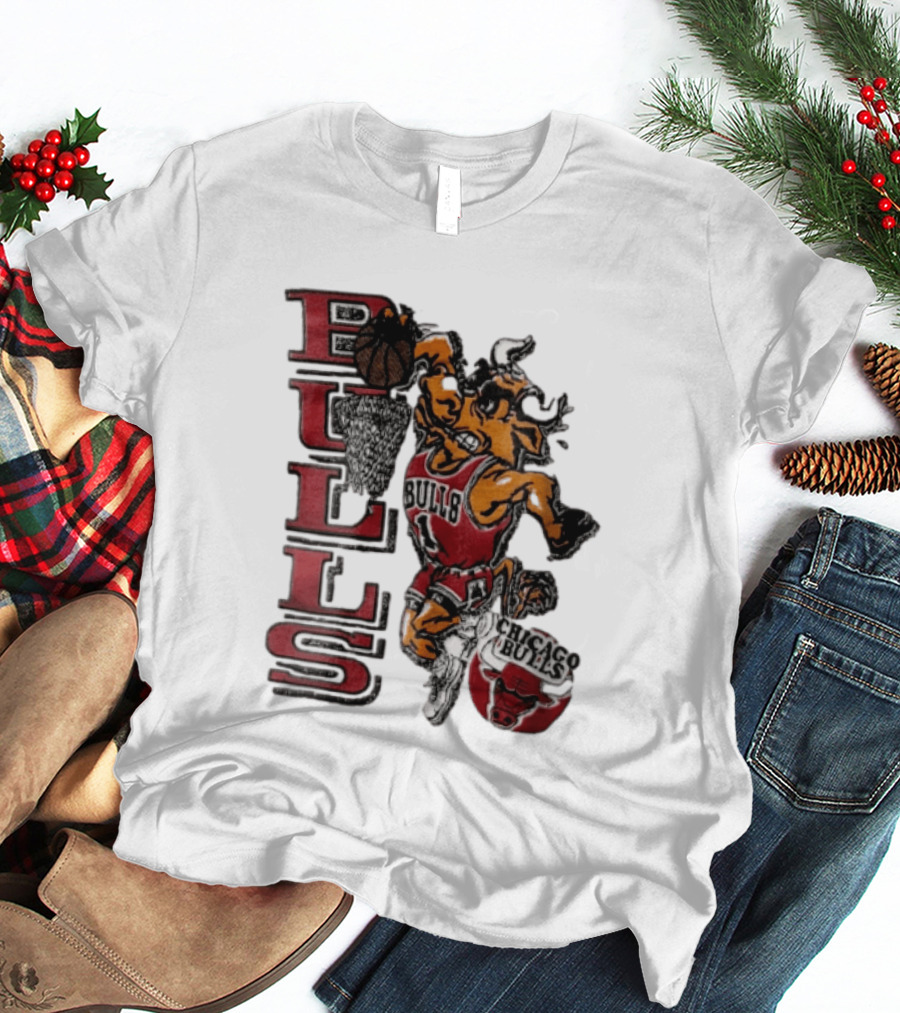Chicago Bulls Bull Dunking Basketball Hoop NBA Cartoon Caricature T-Shirt