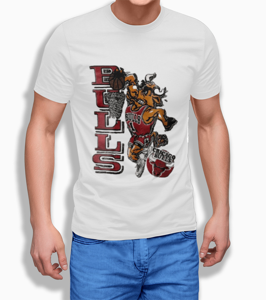 Chicago Bulls Bull Dunking Basketball Hoop NBA Cartoon Caricature T-Shirt