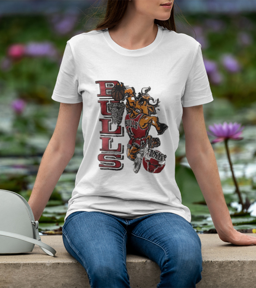 Chicago Bulls Bull Dunking Basketball Hoop NBA Cartoon Caricature T-Shirt