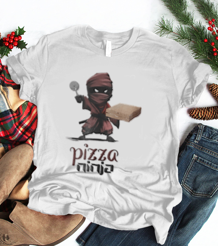 Pizza Ninja Red Masked Cartoon Figure Holding Cardboard Box T-Shirt