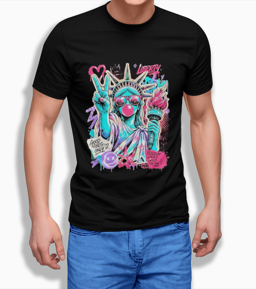 Liberty Graffiti Pop Art Good Vibes Only Statue Freedom Looks Good On Me T-Shirt