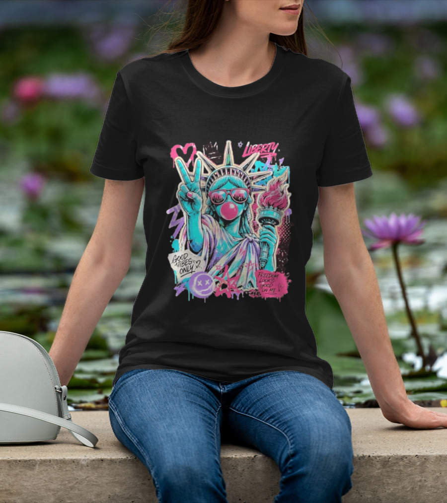 Liberty Graffiti Pop Art Good Vibes Only Statue Freedom Looks Good On Me T-Shirt