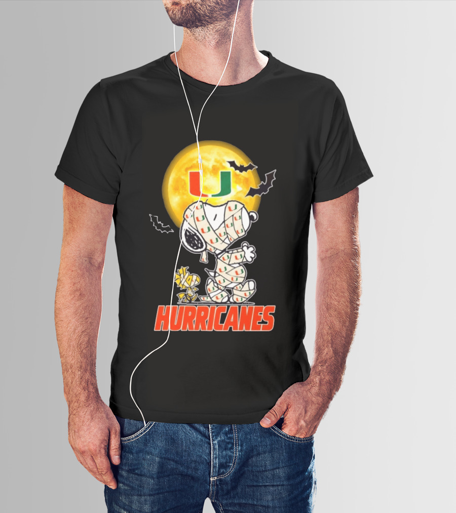 Miami Hurricanes Snoopy Woodstock Mummy Halloween Moon Bats T-Shirt