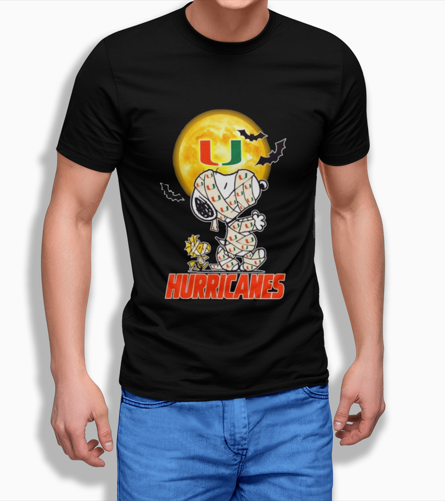 Miami Hurricanes Snoopy Woodstock Mummy Halloween Moon Bats T-Shirt
