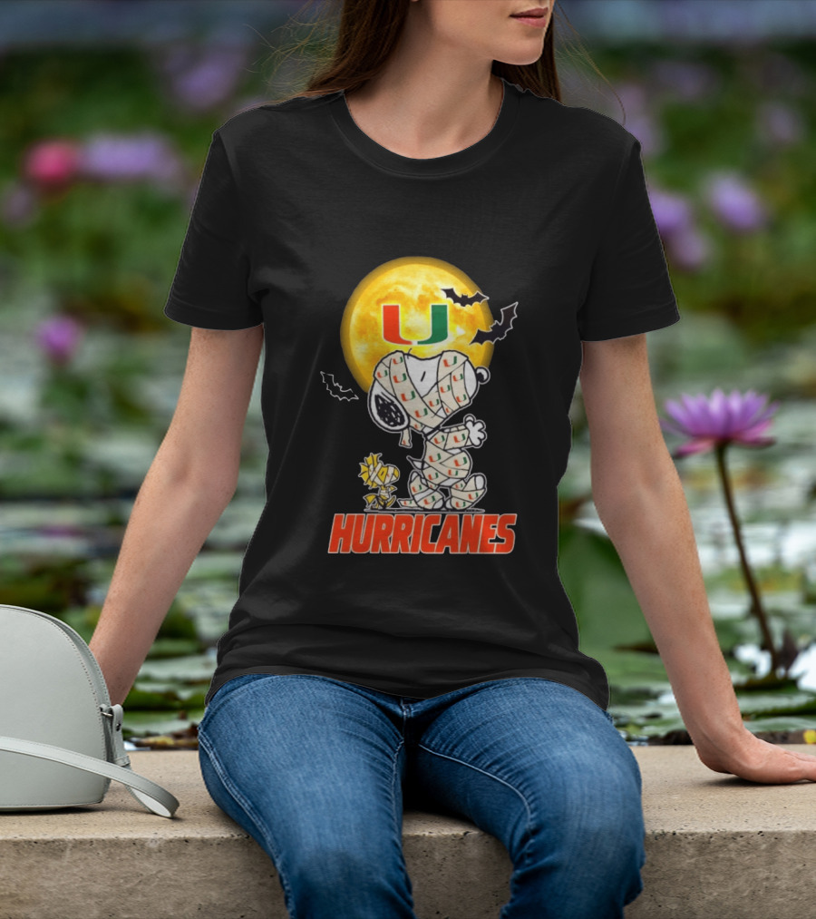 Miami Hurricanes Snoopy Woodstock Mummy Halloween Moon Bats T-Shirt