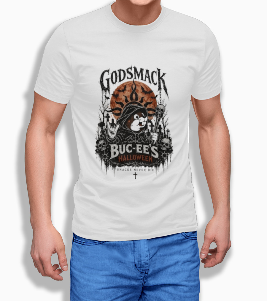 Godsmack Buc Ee's Halloween Snacks Never Die Skulls And Sun T-Shirt