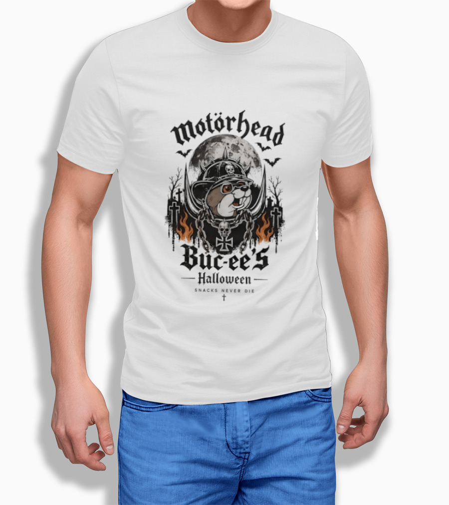 Motorhead Buc Ee's Halloween Snacks Never Die Ghostly Flames Moon Bats T-Shirt