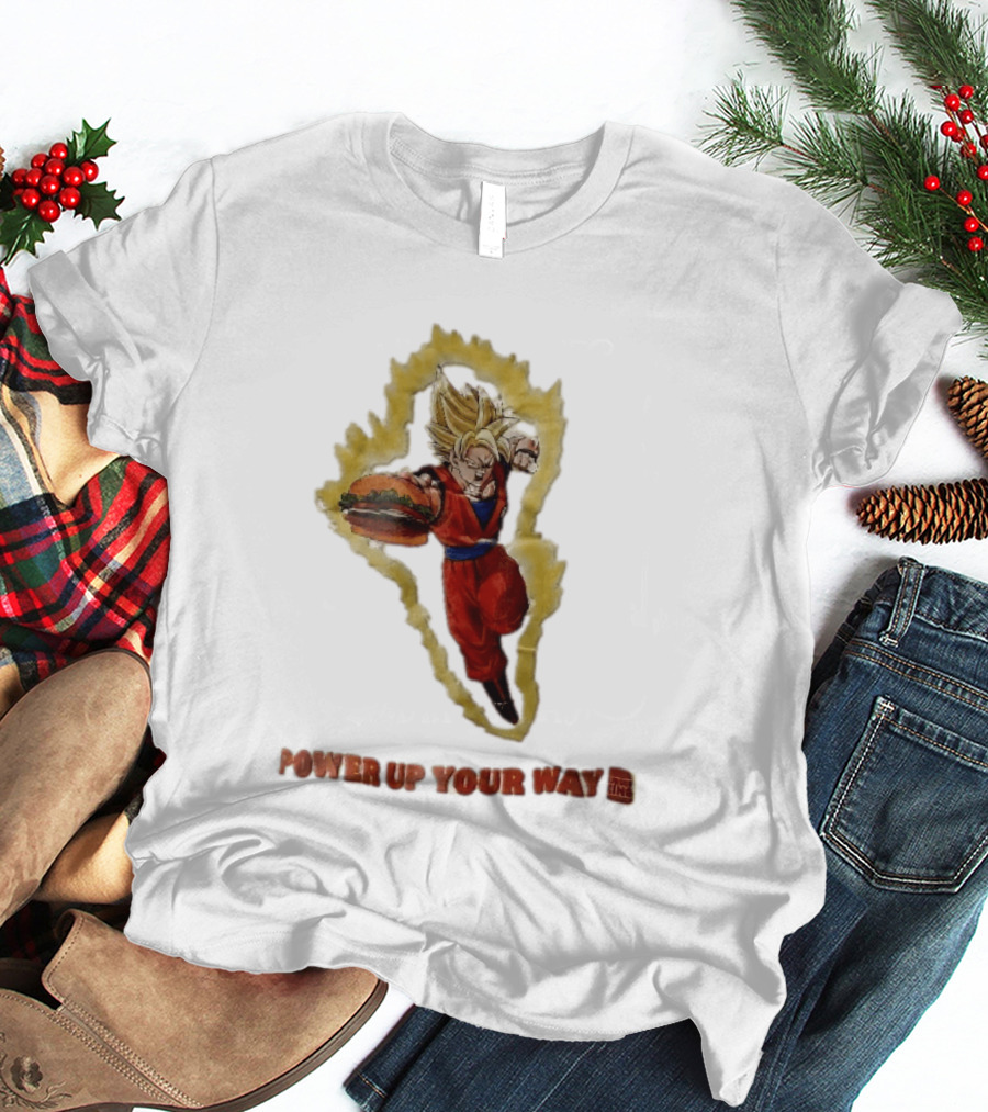 Burger King Power Up Your Way Super Saiyan Goku Holding Cheeseburger Aura T-Shirt