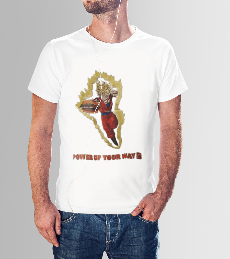 Burger King Power Up Your Way Super Saiyan Goku Holding Cheeseburger Aura T-Shirt