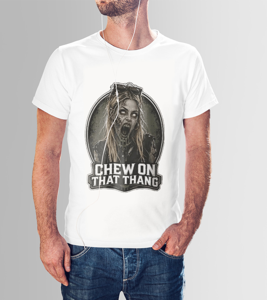 Chew On That Thang Zombie Blonde Woman Open Mouth Green Slime Sunglasses T-Shirt