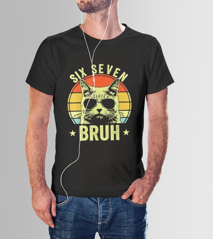 Six Seven Bruh Retro Cat Sunset T-Shirt