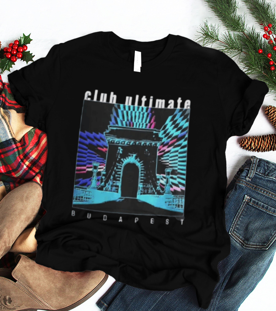 Club Ultimate Budapest Szechenyi Chain Bridge Neon Checkerboard Arch T-Shirt