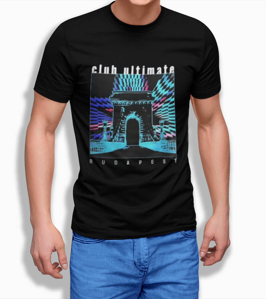 Club Ultimate Budapest Szechenyi Chain Bridge Neon Checkerboard Arch T-Shirt