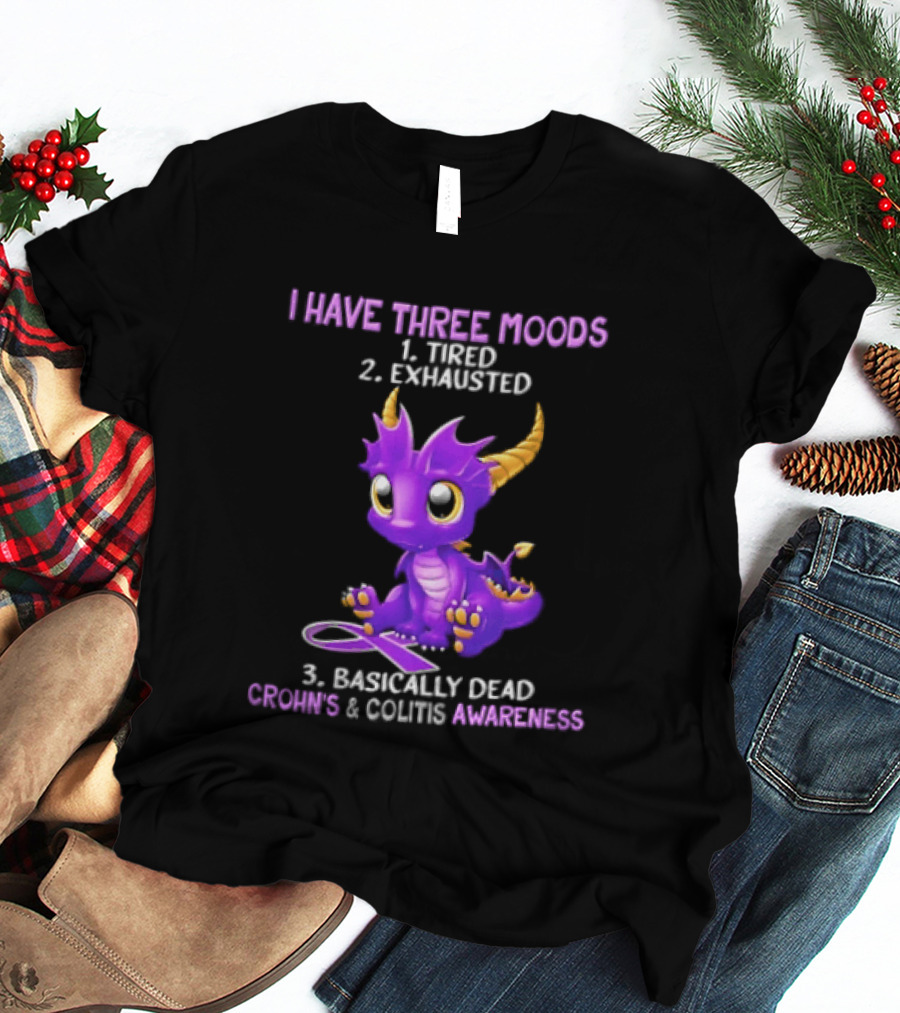 I Have Three Moods Tired Exhausted Basically Dead Crohns Colitis Awareness Purple Dragon Cartoon T-Shirt