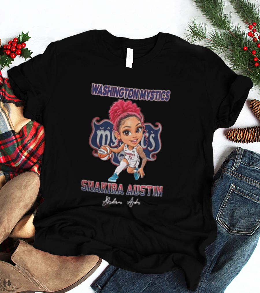 Shakira Austin Washington Mystics Pink Hair Cartoon Caricature Dribbling Basketball T-Shirt