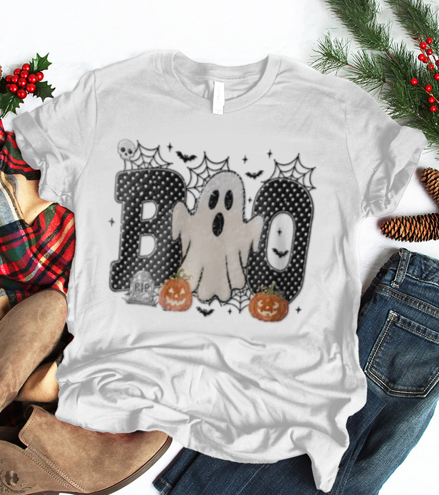 Boo Distressed Ghost Jack O Lanterns Polka Dots Cobwebs T-Shirt
