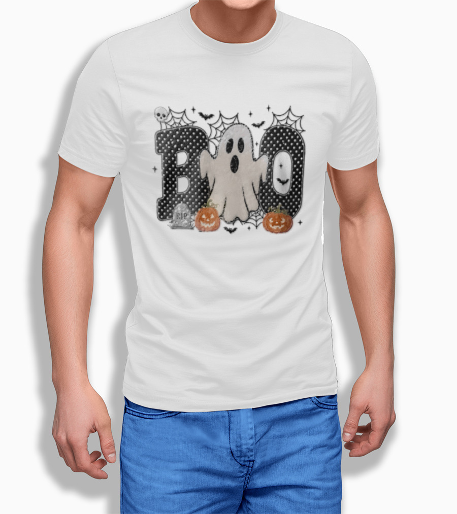 Boo Distressed Ghost Jack O Lanterns Polka Dots Cobwebs T-Shirt