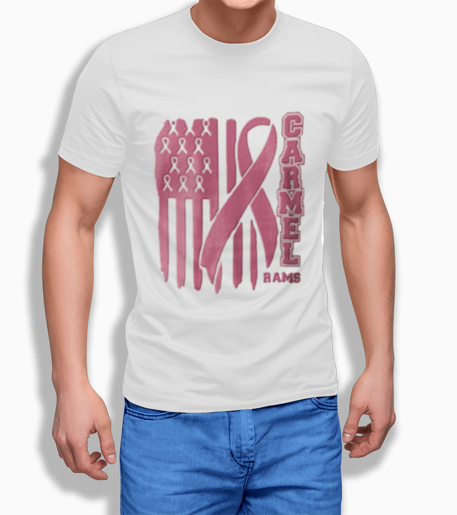 Carmel Rams Pink Ribbon American Flag Breast Cancer Awareness T-Shirt