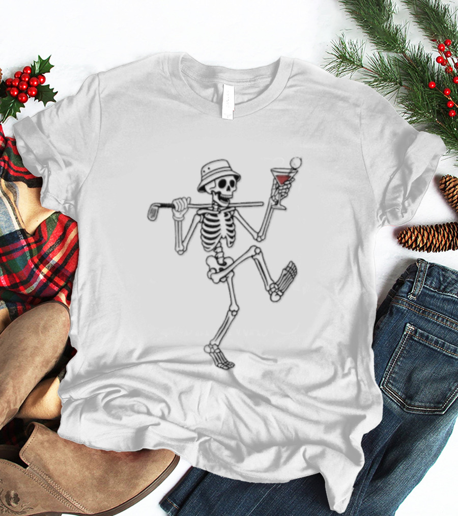 Cartoon Skeleton Line Dance With Bucket Hat Golf Club And Cocktail Glass T-Shirt