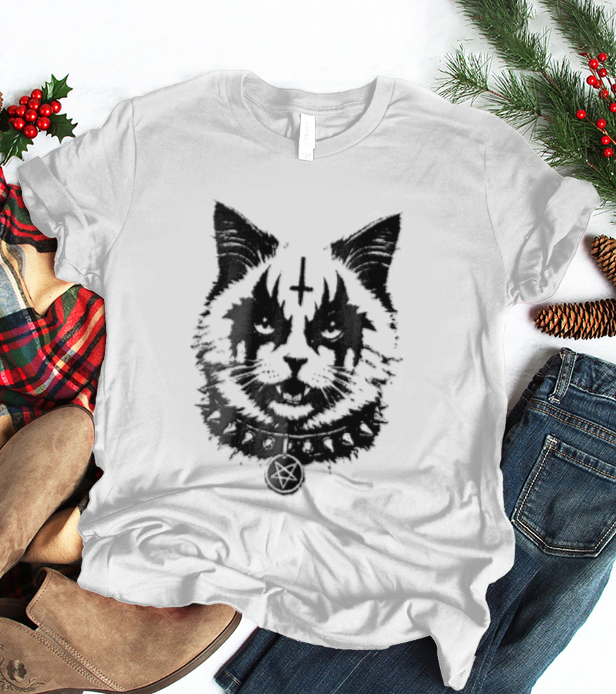 Corpsepaint Inverted Pentagram Monochromatic Cat With Collar T-Shirt