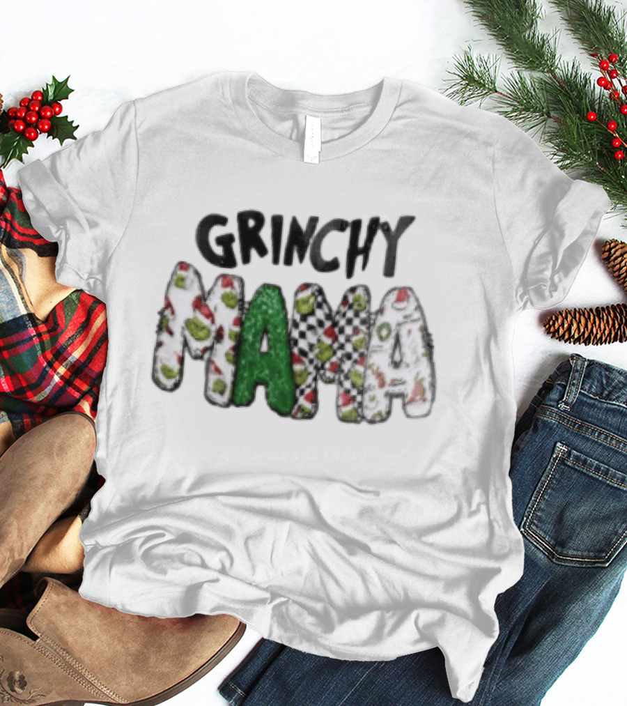 Grinchy Mama Holiday Checkerboard And Santa Hat T-Shirt