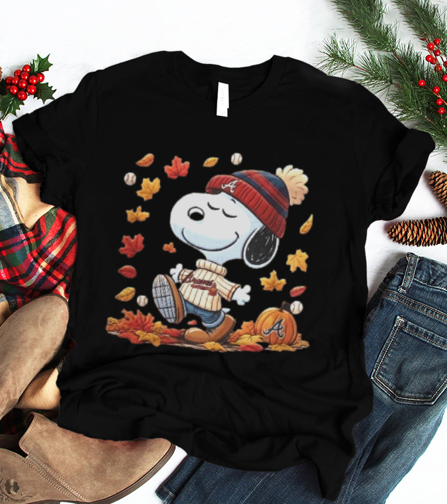 Atlanta Braves Snoopy Walking In Autumn Leaves With Pumpkin Baseballs Cartoon T-Shirt