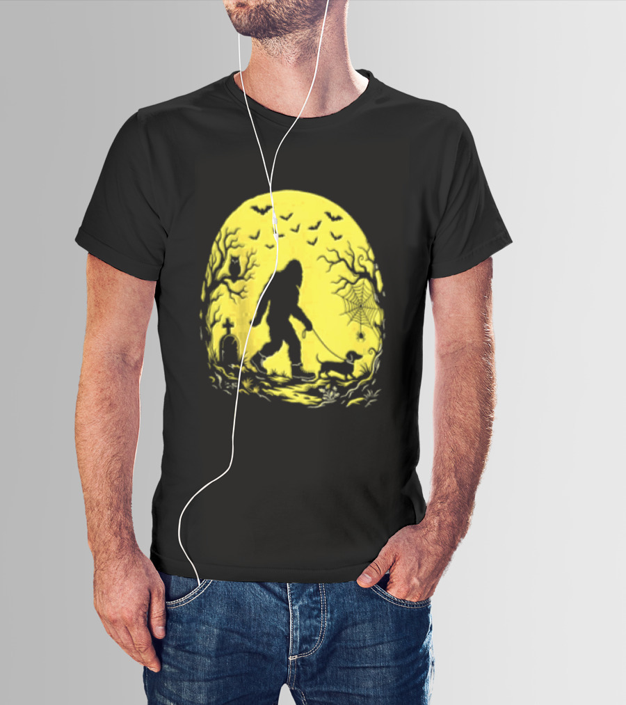 Bigfoot Walking Dachshund Under Full Moon Halloween Night T-Shirt