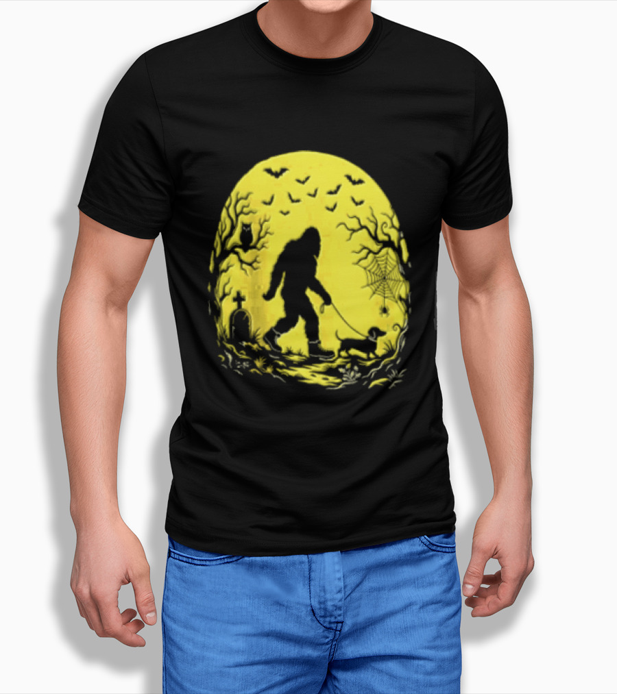 Bigfoot Walking Dachshund Under Full Moon Halloween Night T-Shirt