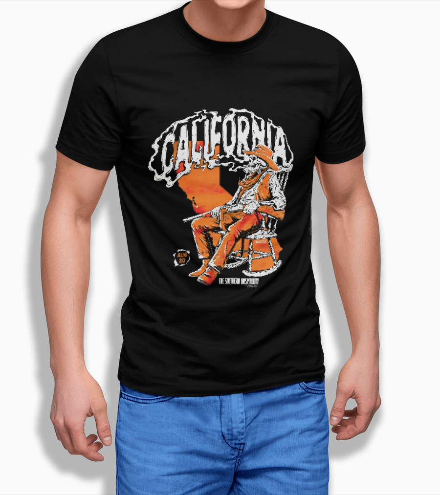 California Skeleton Cowboy Southern Hospitality Tour Aug 20 Rocking Chair Rifle Map T-Shirt