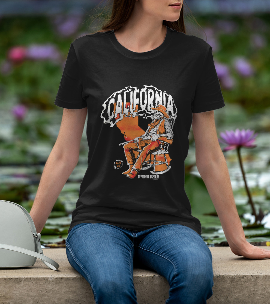 California Skeleton Cowboy Southern Hospitality Tour Aug 20 Rocking Chair Rifle Map T-Shirt