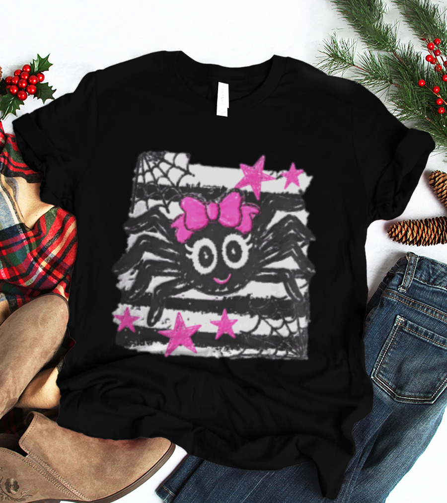 Cartoon Black Spider Big Eyes Pink Bow Stripes Webs Stars T-Shirt