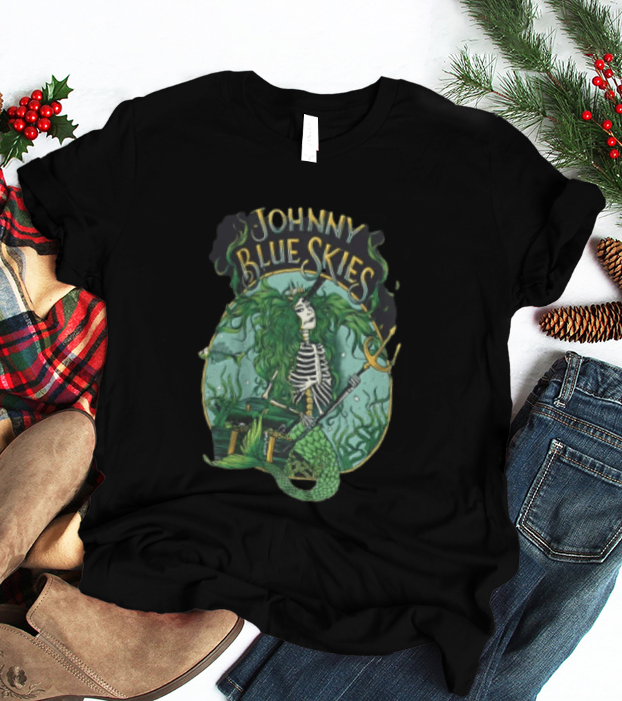 Johnny Blue Skies Skeleton Mermaid Adventure With Trident And Treasure T-Shirt
