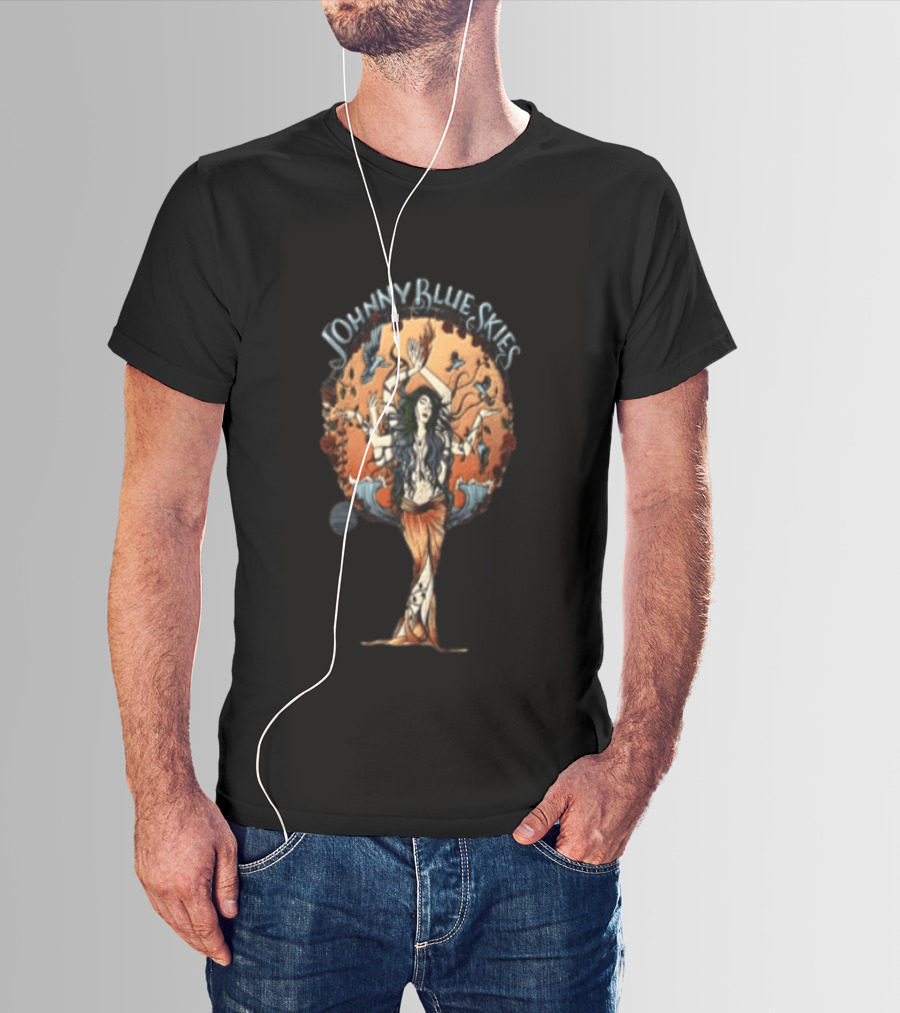 Johnny Blue Skies Ocean Goddess Mythical Woman Surrounded By Birds T-Shirt