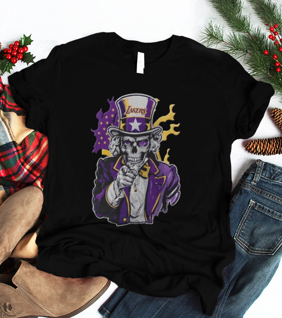 Los Angeles Lakers Skeleton Uncle Sam Purple Flames T-Shirt