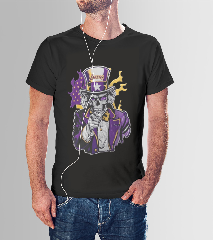 Los Angeles Lakers Skeleton Uncle Sam Purple Flames T-Shirt