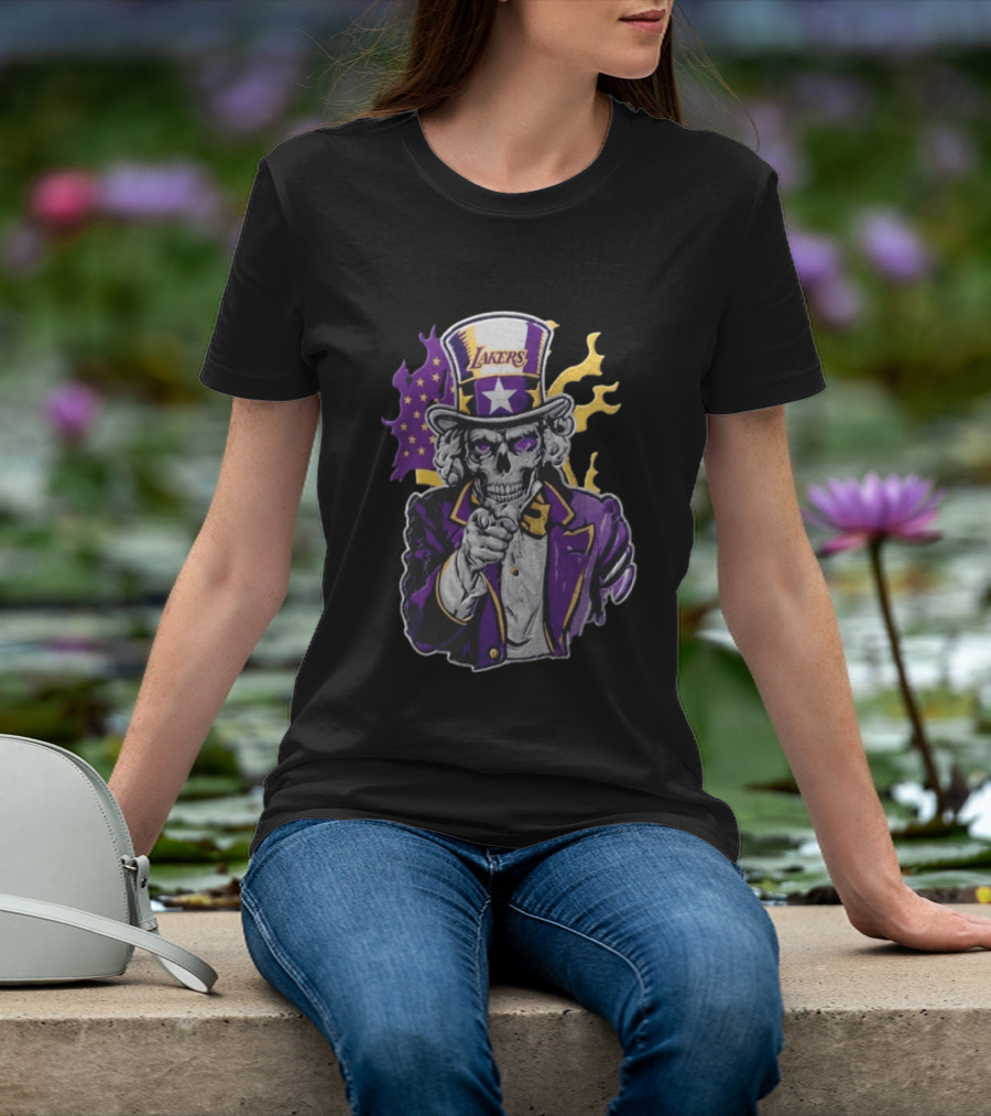 Los Angeles Lakers Skeleton Uncle Sam Purple Flames T-Shirt