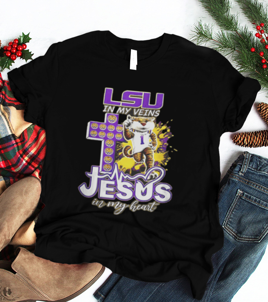 LSU In My Veins Jesus In My Heart Tiger Purple Cross EKG T-Shirt
